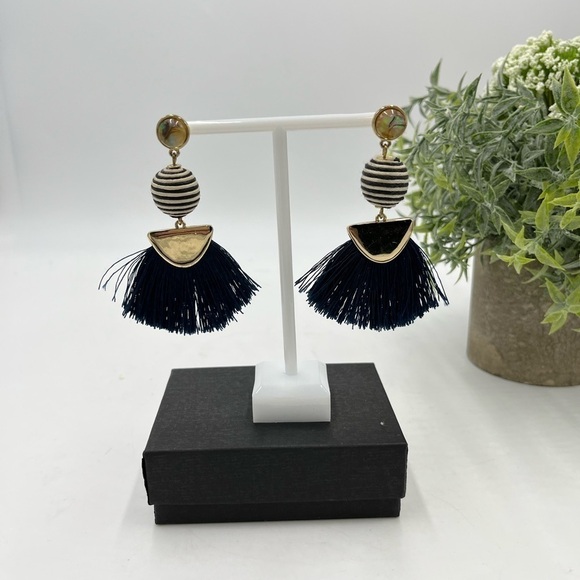 Baublebar Blue/White Ball with Blue Fringe Nautical Mamba Statement Earrings 3” - Picture 3 of 13